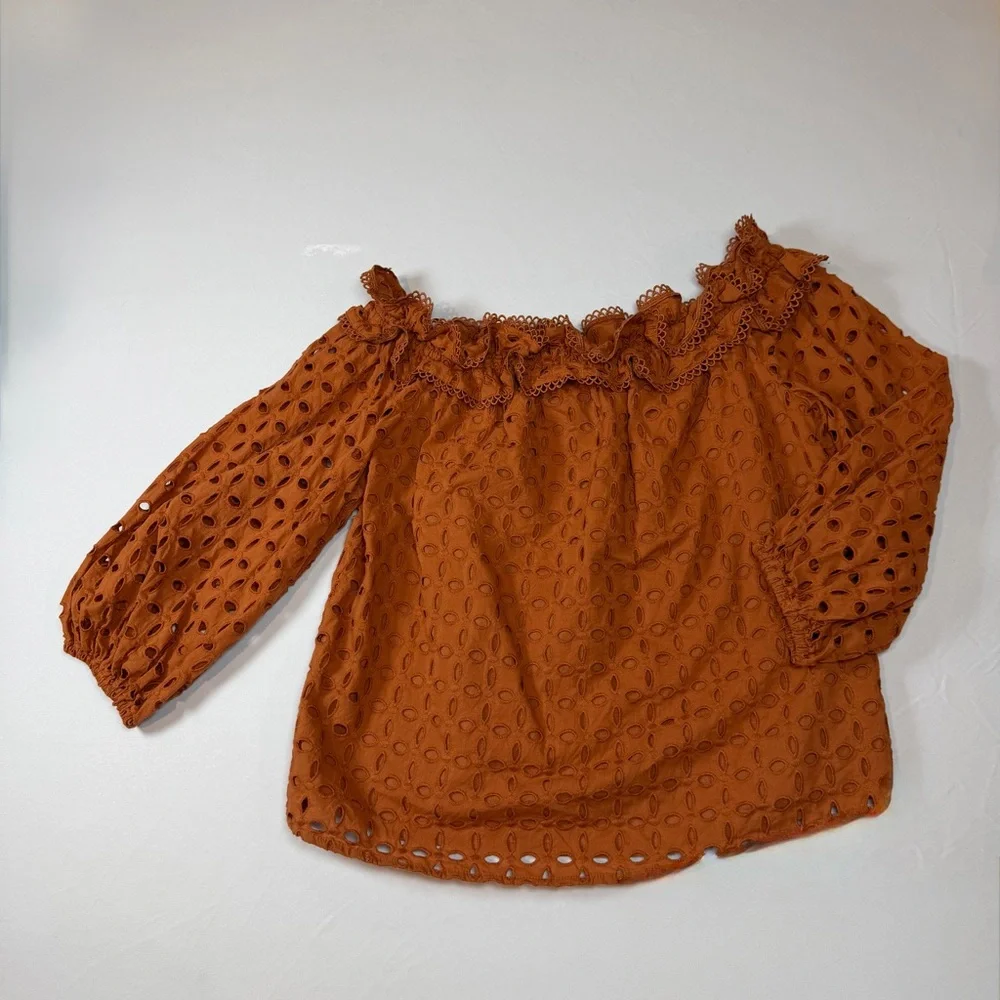 Ryegrass Ladies Sierra Burn Orange Eyelet Lace Off Shoulder Peasant Blouse- XS - Picture 2 of 9